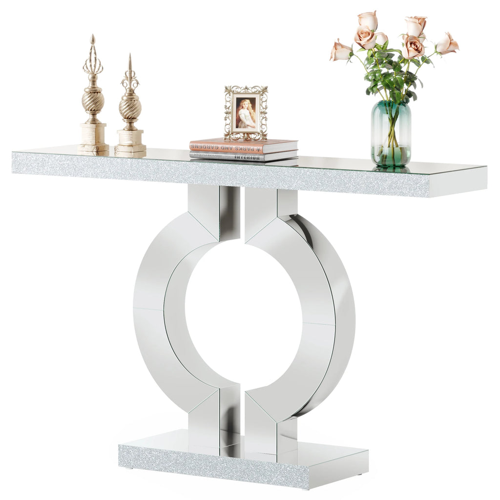 Tribesigns Mirrored Console Table with O-Shaped Base, 43-Inch Modern Entryway Table Glass Sofa Table with Mirror Finish
