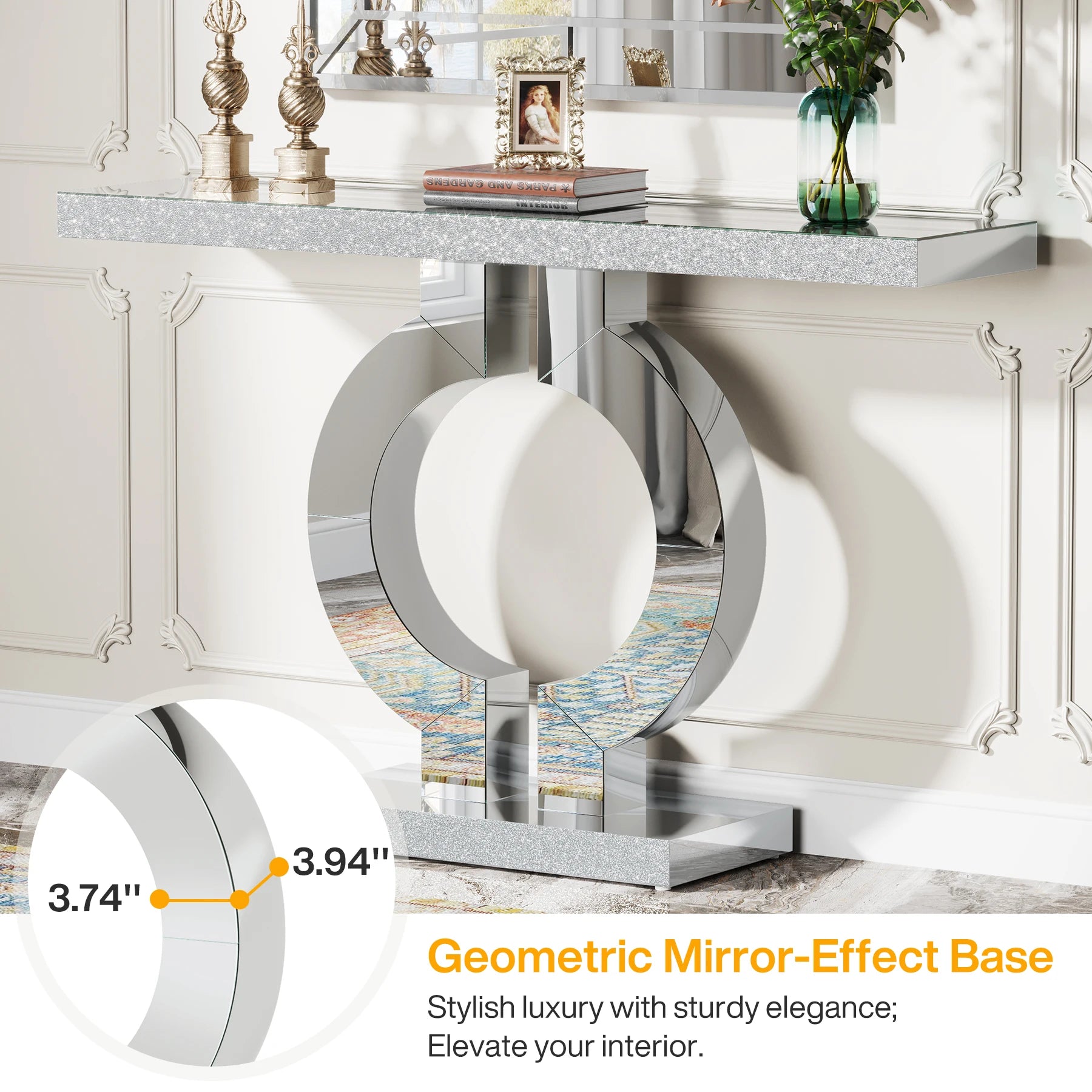 Tribesigns Mirrored Console Table with O-Shaped Base, 43-Inch Modern Entryway Table Glass Sofa Table with Mirror Finish