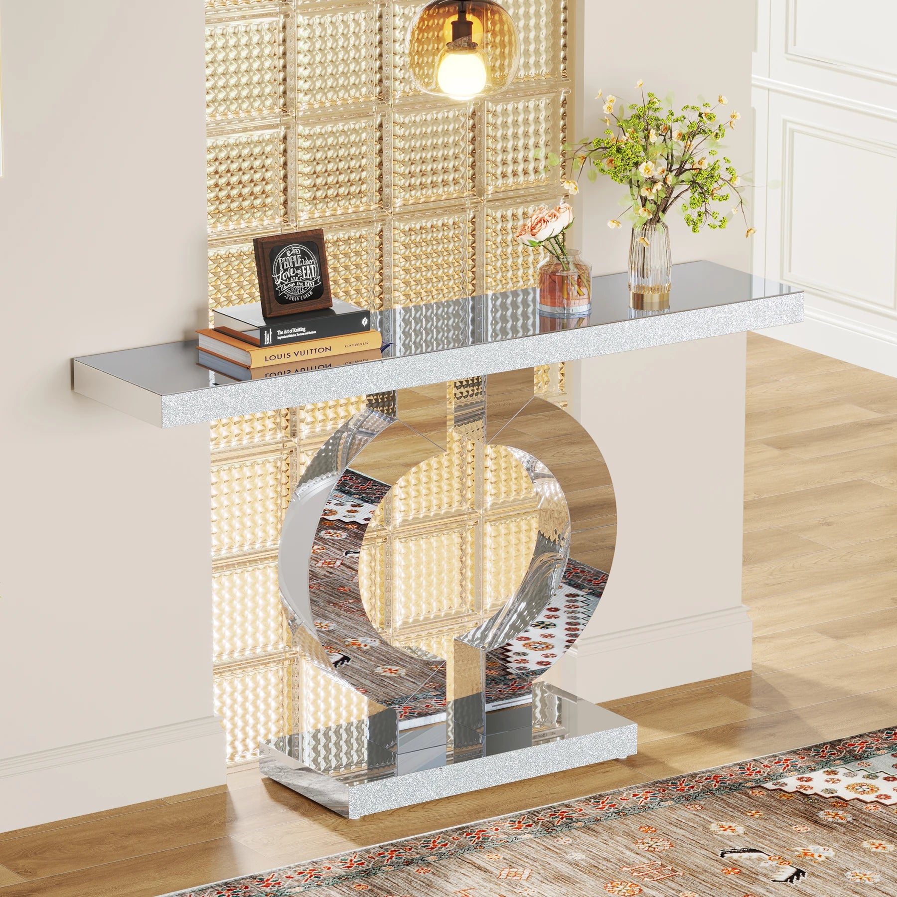Tribesigns Mirrored Console Table with O-Shaped Base, 43-Inch Modern Entryway Table Glass Sofa Table with Mirror Finish